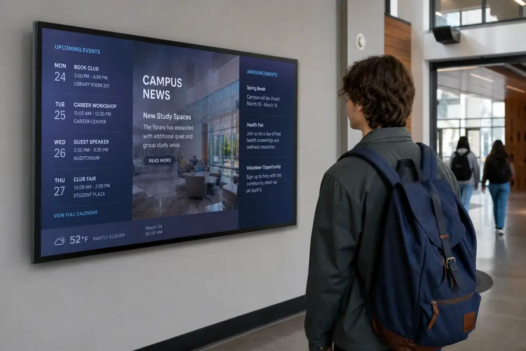 Campus hallway with digital display showing announcements