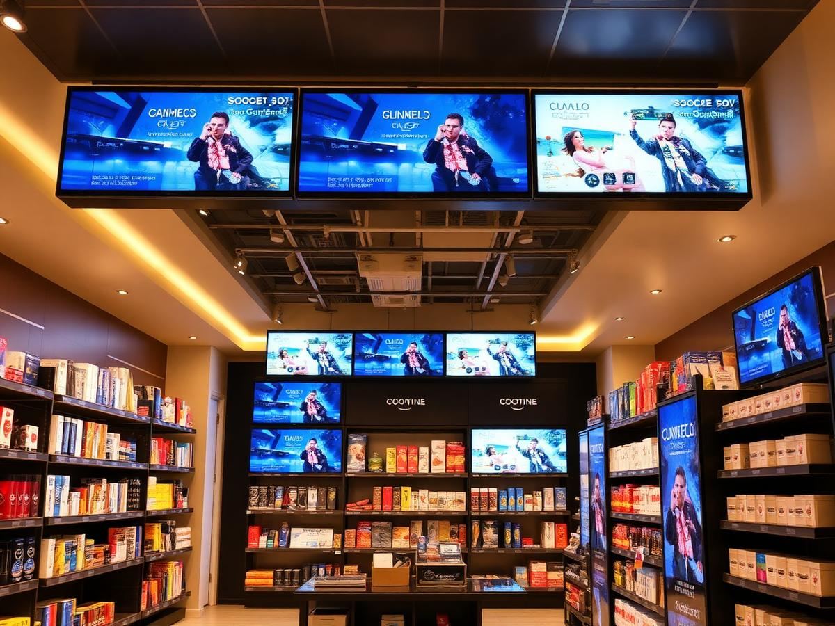 Retail store interior with overhead digital signage screens