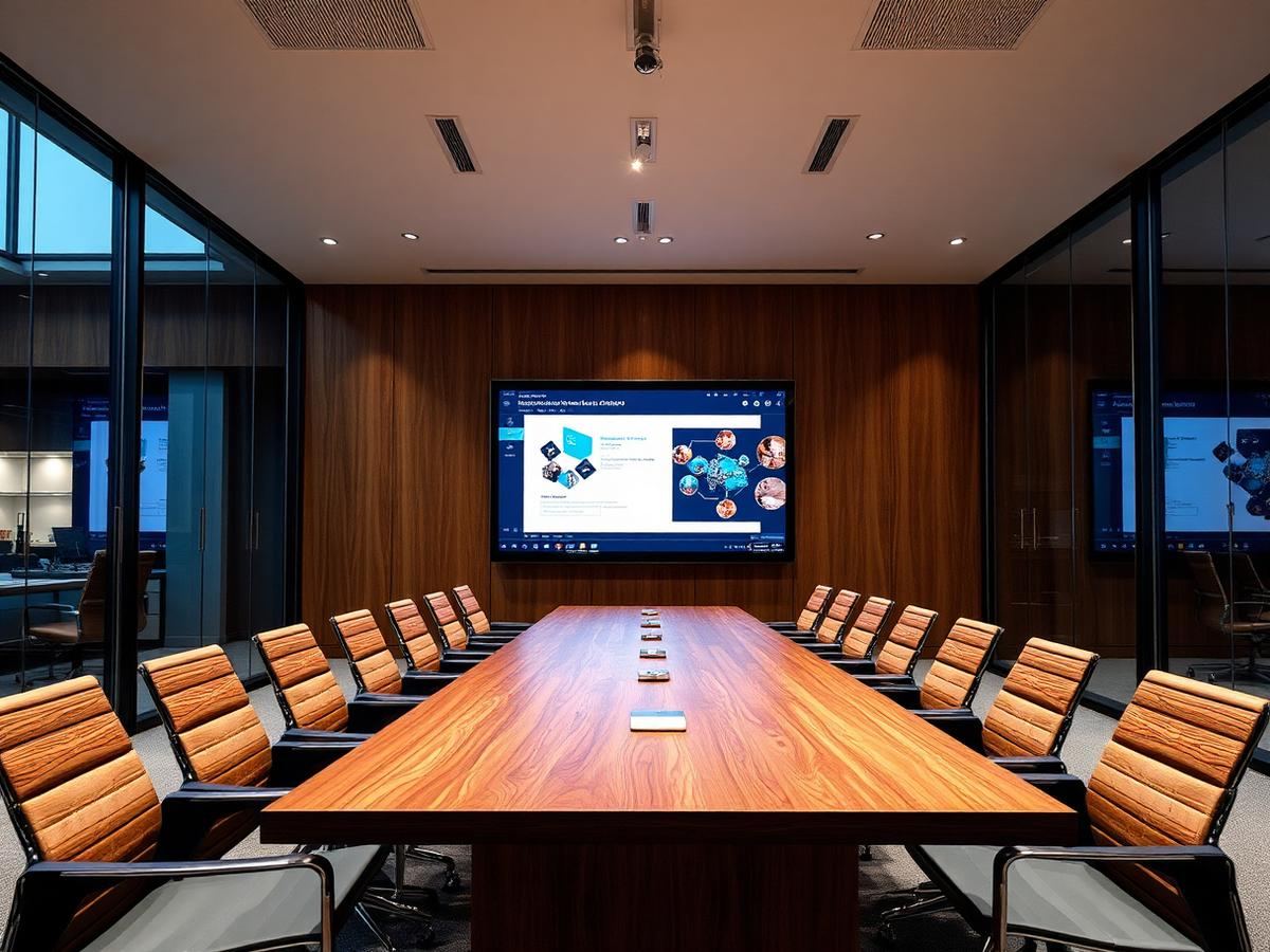Corporate meeting room with a wall-mounted presentation screen