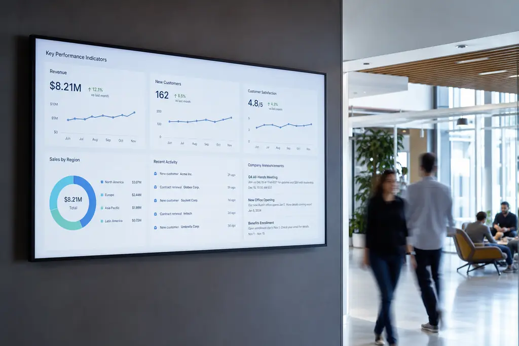 Modern office lobby with large digital signage displaying KPIs