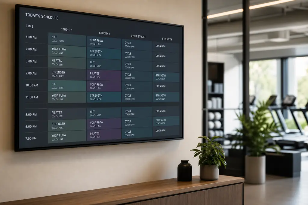 Fitness studio with wall-mounted digital display showing class schedule