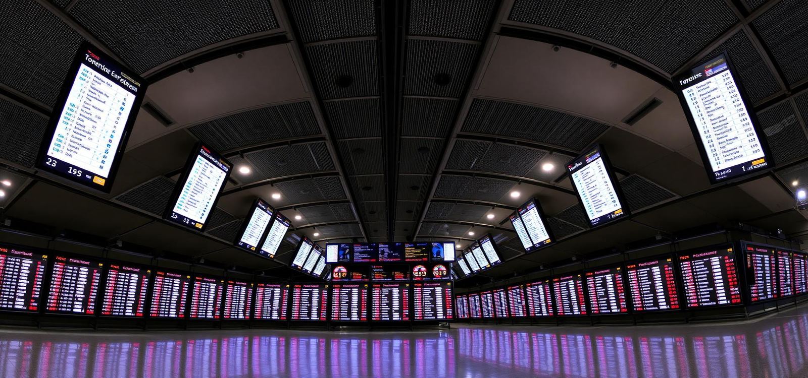 Panoramic wall of digital departure boards in a transit station