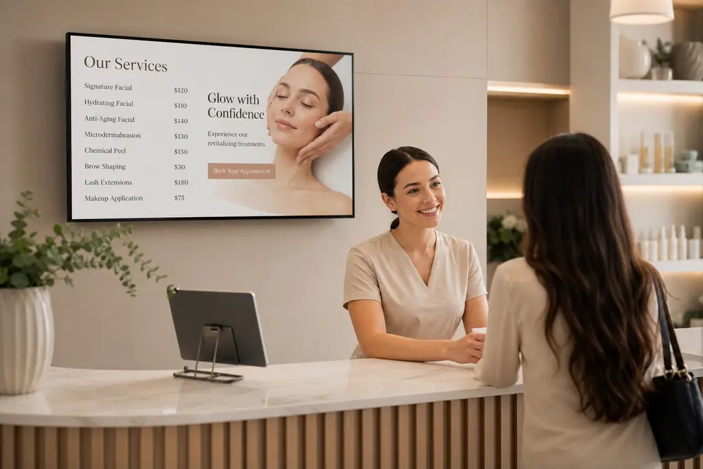 Salon reception desk with digital display showing services and offers