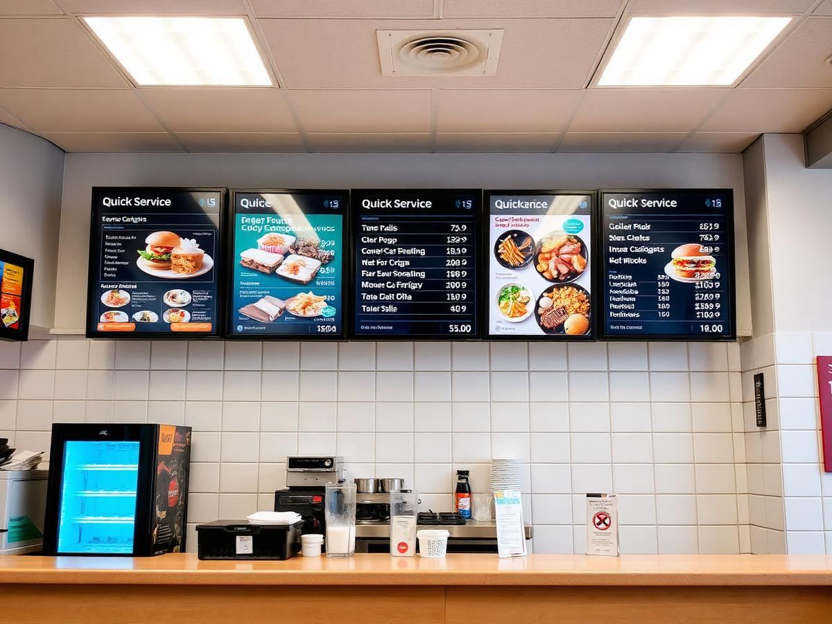 Quick-service restaurant counter with digital menu boards above