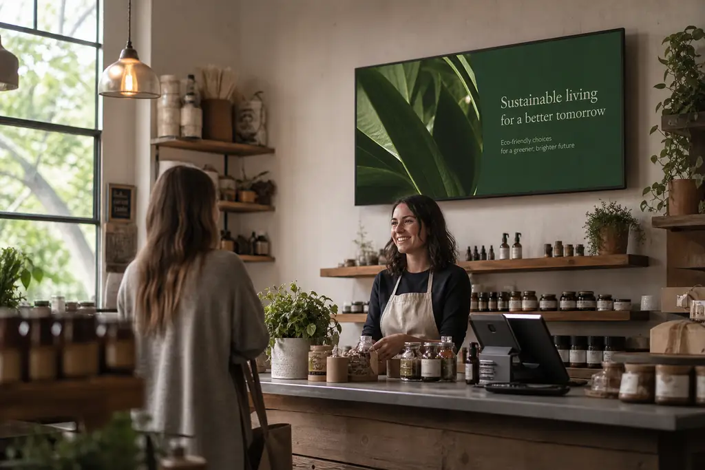 Small business storefront with digital display in the window