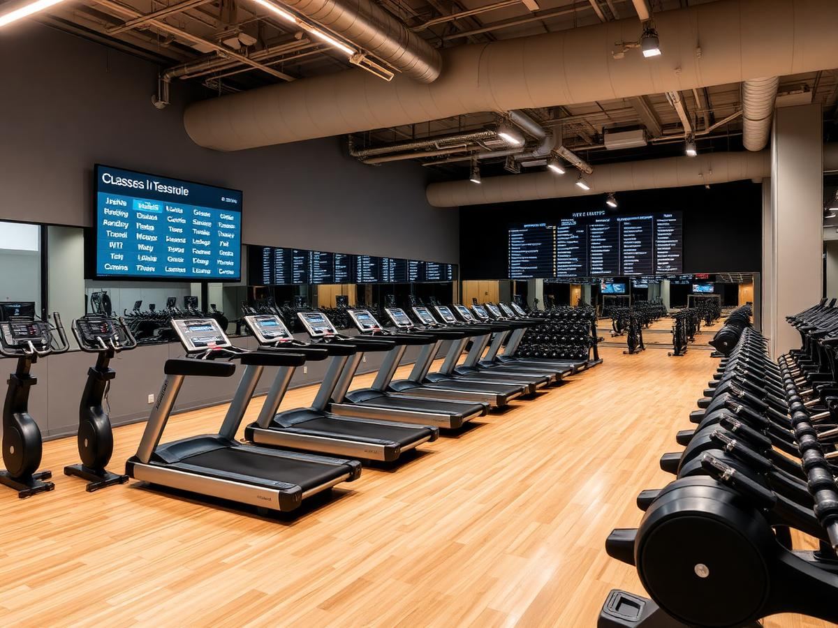 Gym floor with treadmills and a wall-mounted class schedule display