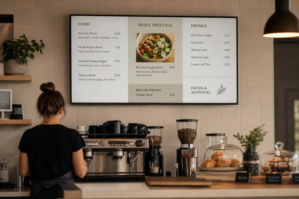 Café counter with digital menu boards above the espresso bar