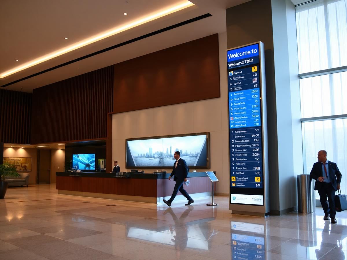 Hotel reception desk with a tall digital wayfinding screen