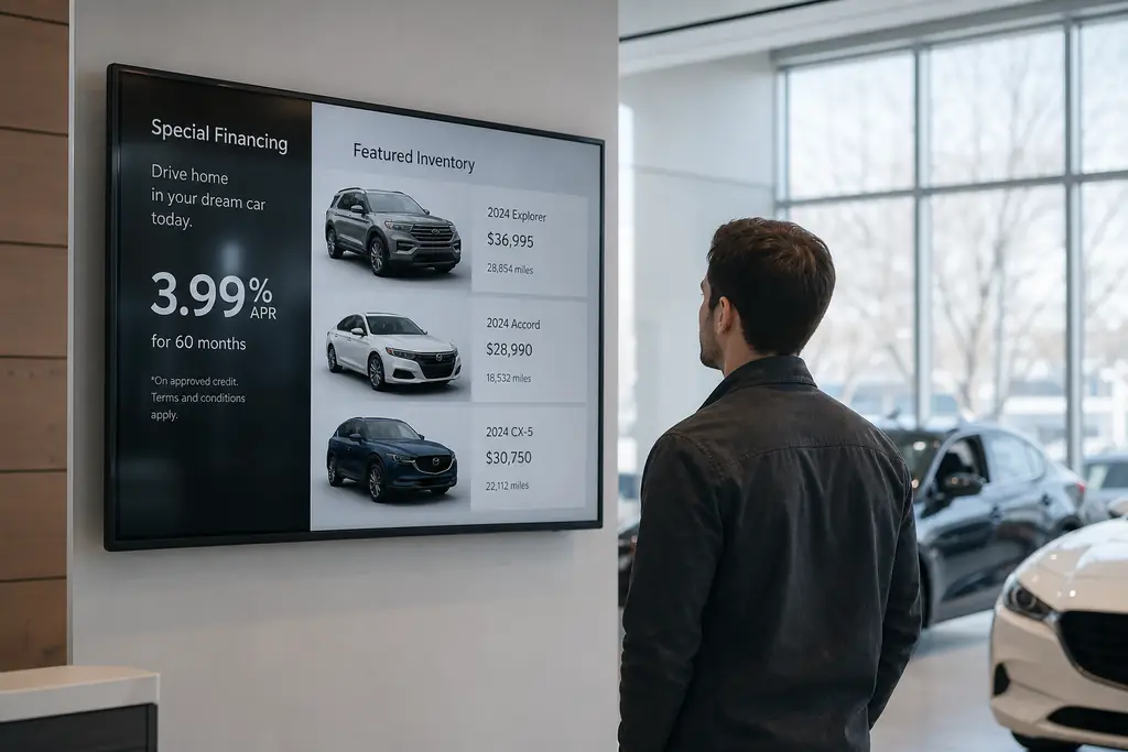 Car dealership showroom with digital display showing vehicle promotions
