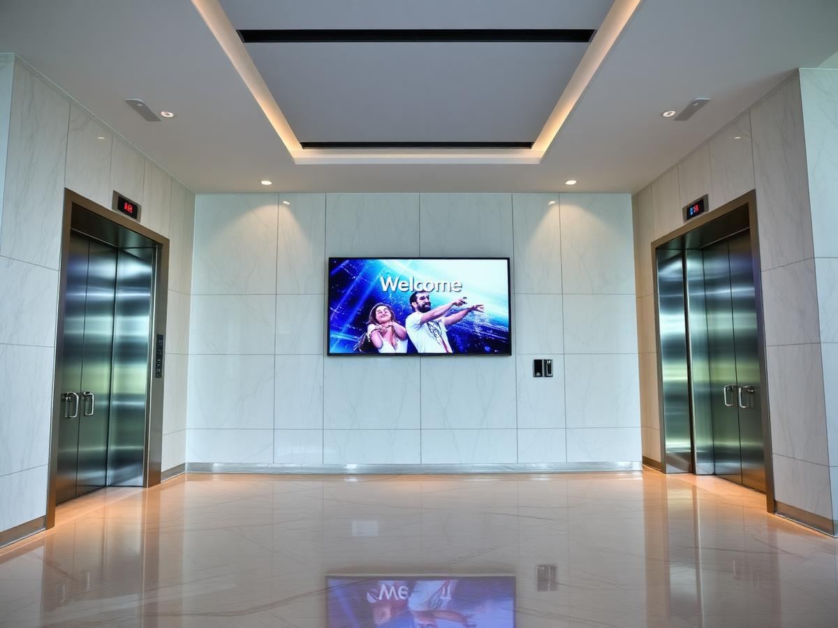 Modern building lobby with a wall-mounted welcome display between elevators